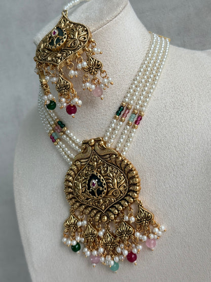 Ayura Designs Afia Necklace Set with Earrings & Tikka – Antique Gold, Multicolour Beads, Green Centre Stone & Peacock Motifs