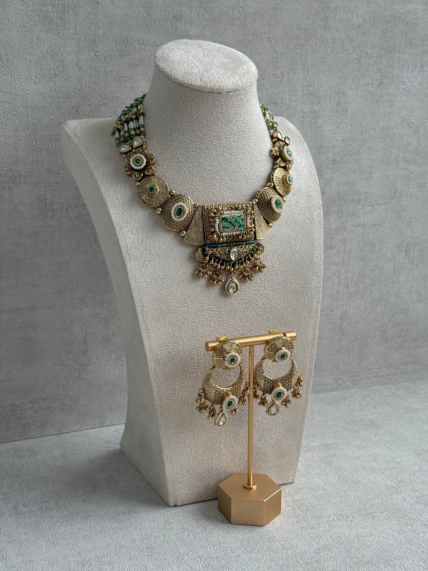 Ayura Designs Purvi Set – Necklace & Earrings with Antique Gold Filigree, Emerald & Pearl Detailing