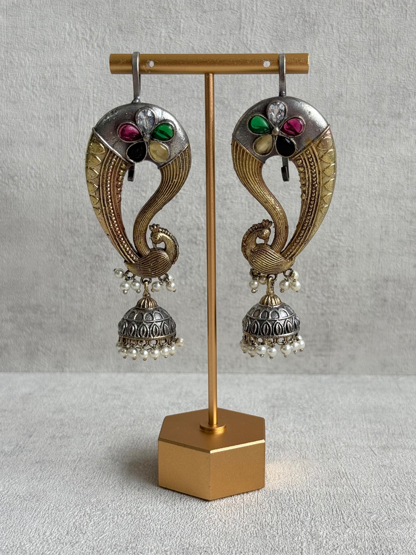 Ayura Designs Moorni Earrings – Dual Tone Oxidised Peacock Ear Climbers with Multicolour Stones & Pearl Jhumki Drops