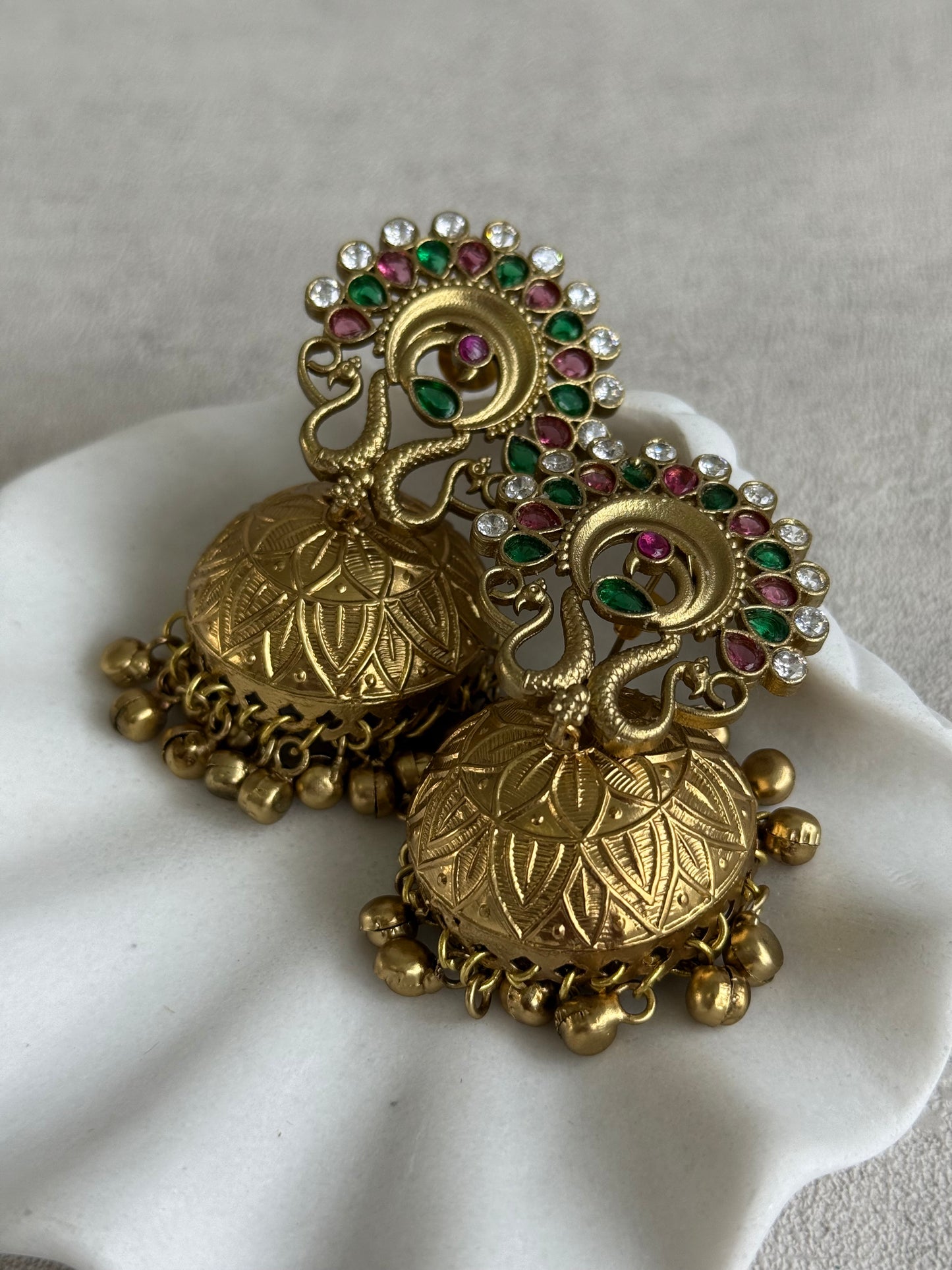 Ayura Designs Moraya Jhumkis – Pink & Green Peacock Motif with Antique Gold Detailing