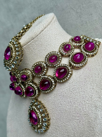Ayura Designs Tamara Set with Necklace, Earrings & Tikka – Fuchsia Stones, Kundan Borders & Antique Gold Finish