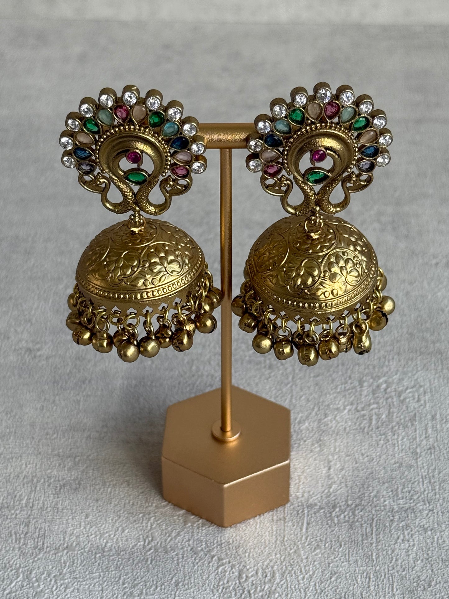 Ayura Designs Moraya Jhumkis – Multicolour Peacock Motif with Antique Gold Detailing