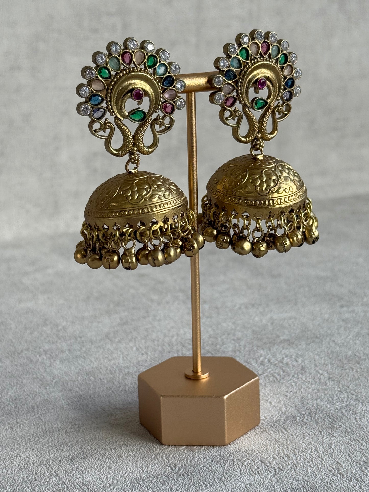 Ayura Designs Moraya Jhumkis – Multicolour Peacock Motif with Antique Gold Detailing