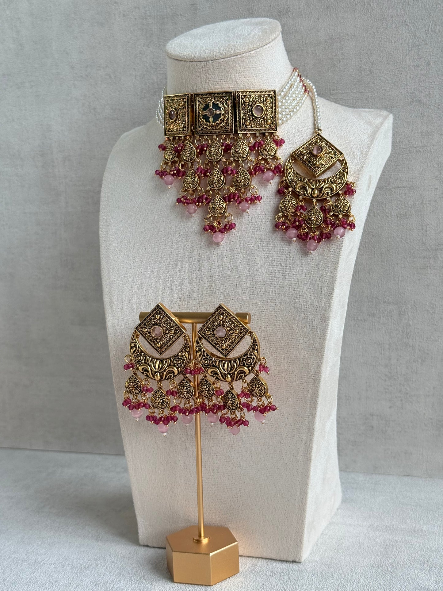 Ayura Designs Samera Choker Set with Earrings & Tikka – Rani Pink & Blush Pink Beads, Green Centre Stone, Floral Motifs & Antique Gold Finish