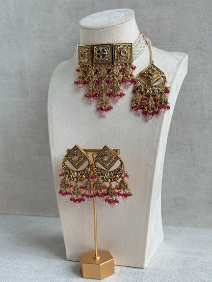 Ayura Designs Samera Choker Set with Earrings & Tikka – Rani Pink & Blush Pink Beads, Green Centre Stone, Floral Motifs & Antique Gold Finish