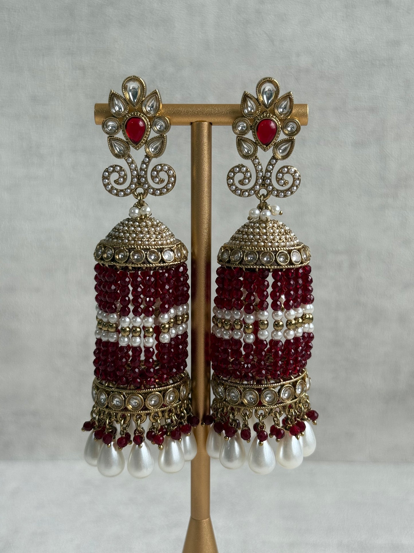 Ayura Designs Sage Earrings – Statement Jhumkis with Mirror-Cut Stones, Pearl Drops & Emerald Green Beads