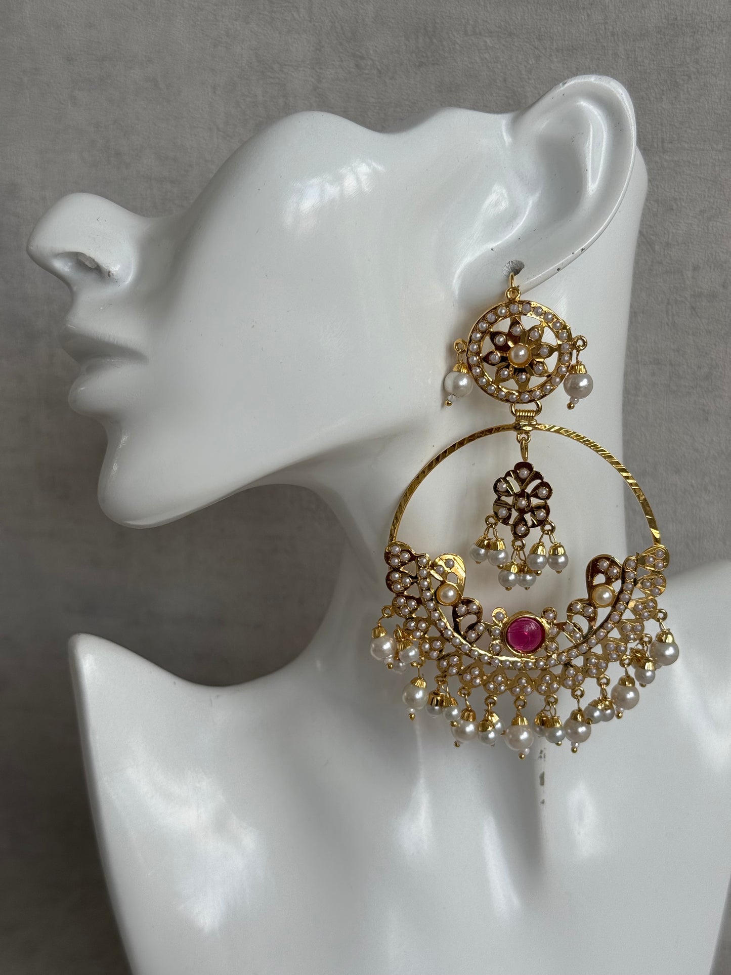 Ayura Designs Arshi Chandbalis – Gold Jadau Ruby Pink & Ivory Pearl Detailing