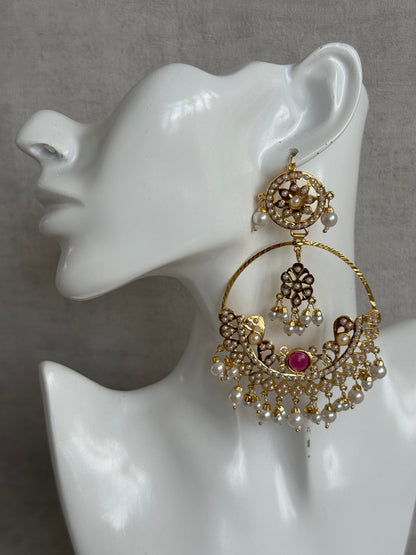 Ayura Designs Arshi Chandbalis – Gold Jadau Ruby Pink & Ivory Pearl Detailing