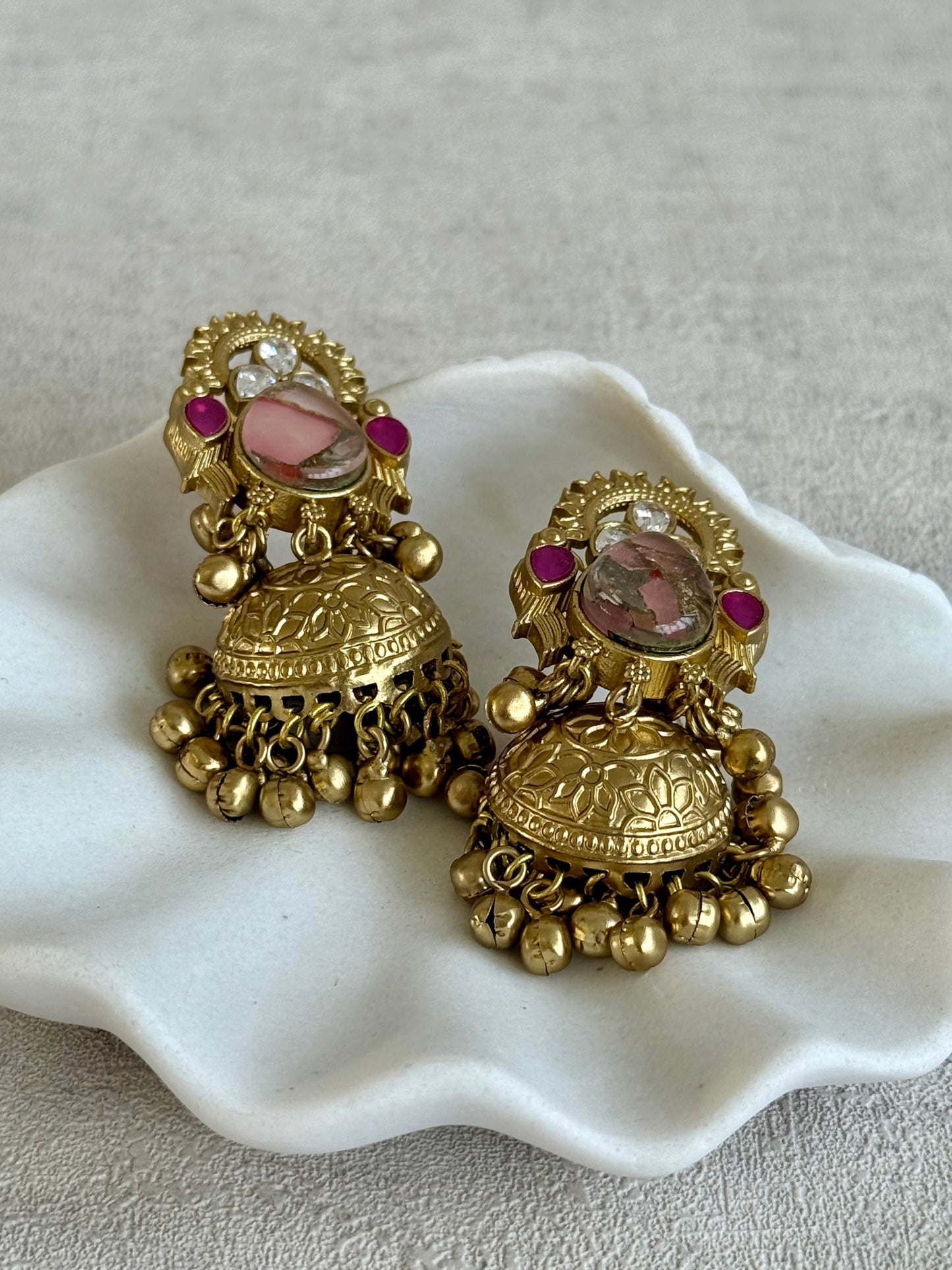 Ayura Designs Avleen Earrings – Rose Pink Marble with Antique Gold Jhumkis