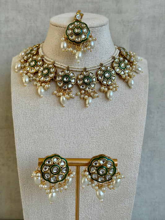 Ayura Designs Faizana Set with Earrings & Tikka – Round Green Enamel, Mirror-Cut Kundan Stones, Pearls & Beads