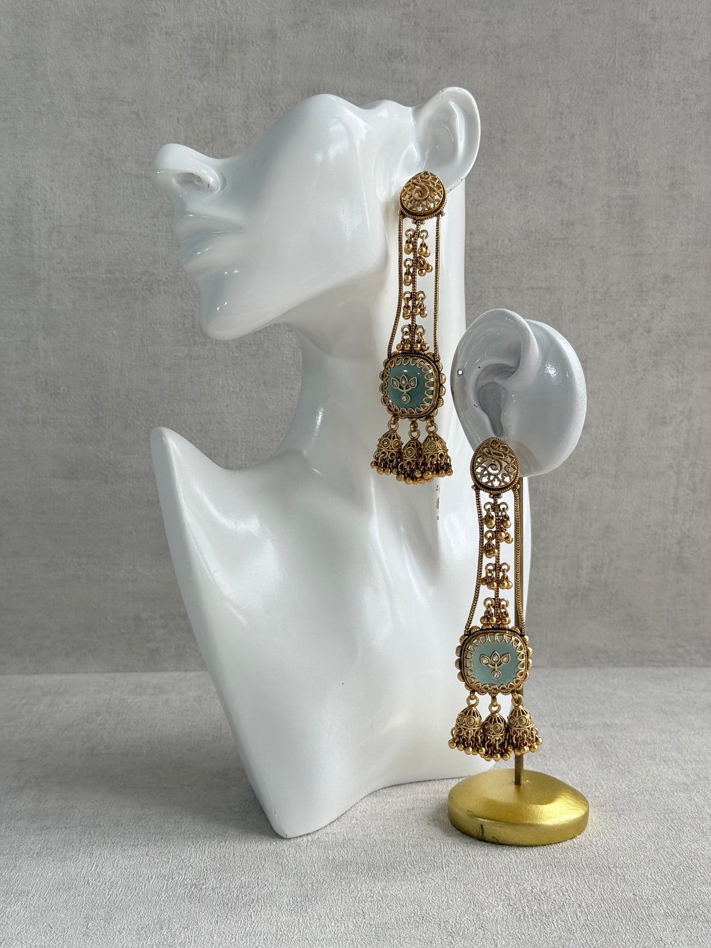Ayura Designs Ihana Earrings – Mint Green Enamel with Kundan, Ghungroo & Jhumki Detailing
