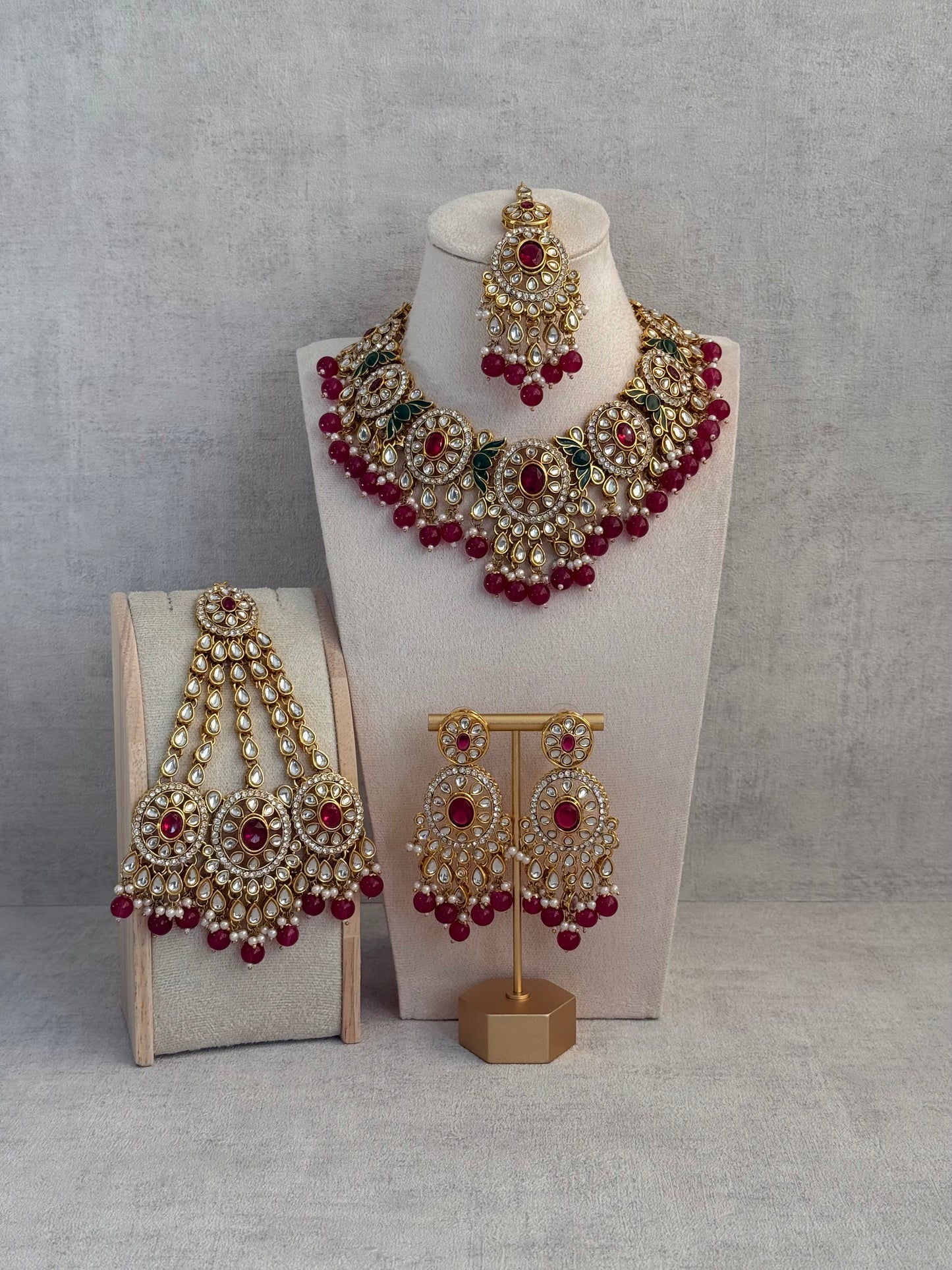 Ayura Designs Zara Set with Necklace, Earrings, Tikka & Passa – Antique Gold with Kundan Detailing & Rani Pink Beads
