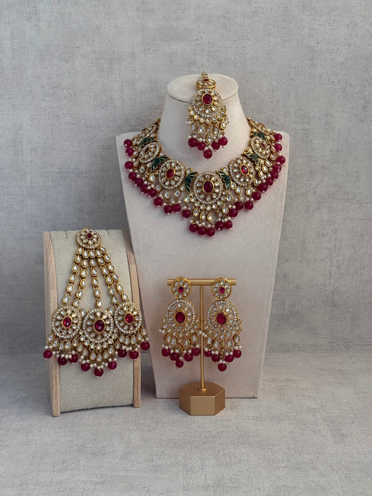 Ayura Designs Zara Set with Necklace, Earrings, Tikka & Passa – Antique Gold with Kundan Detailing & Rani Pink Beads