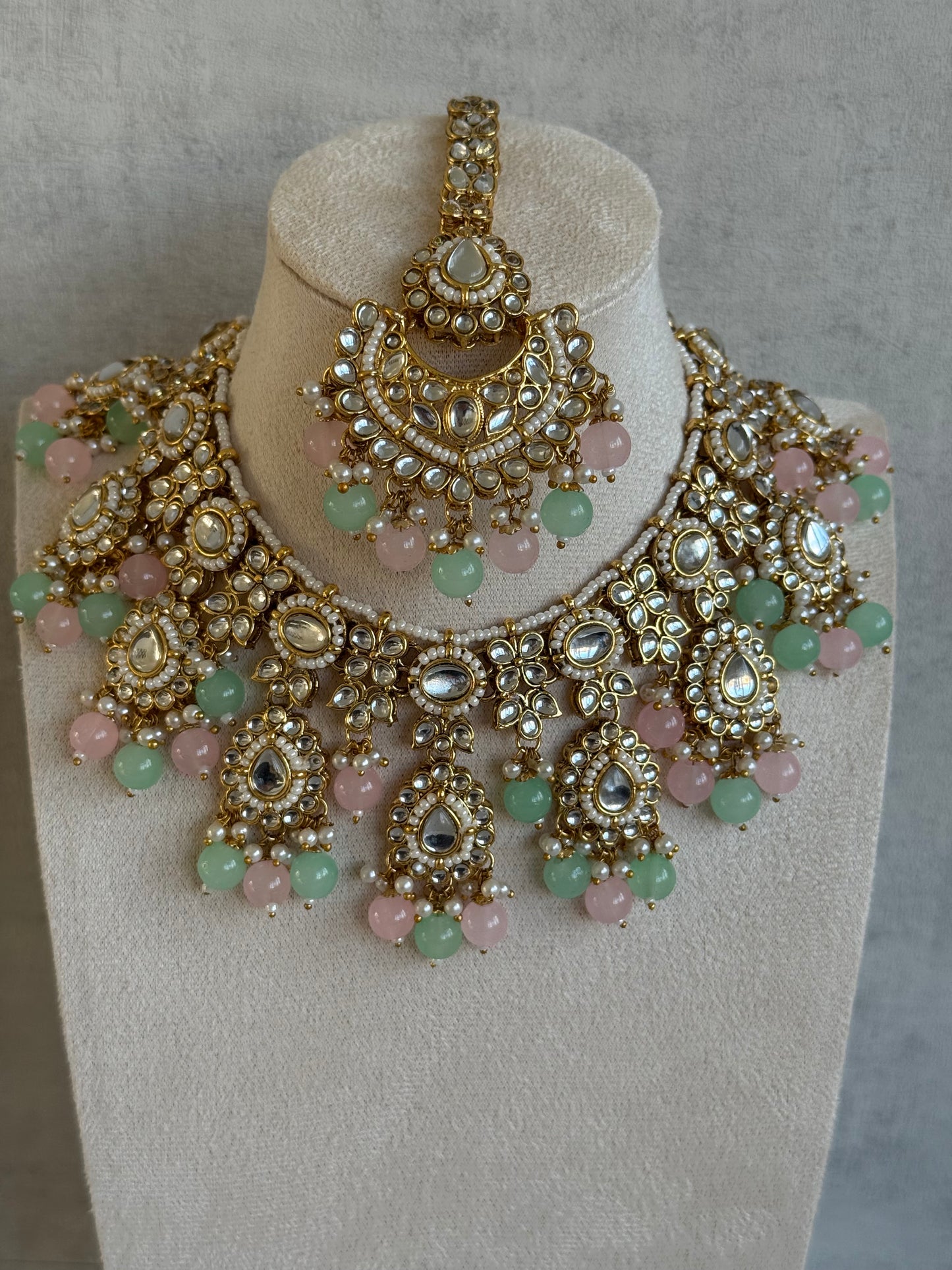 Ayura Designs Iyla Set with Necklace, Earrings & Tikka – Kundan Detailing, Ivory Pearl Drops & Mint & Blush Beads