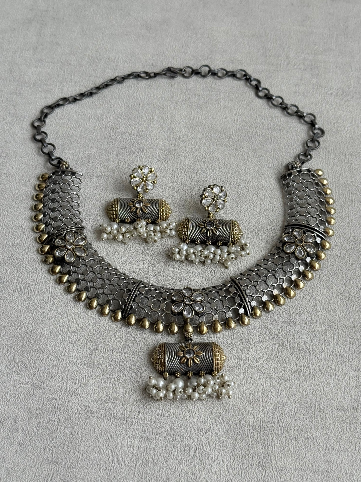 Ayura Designs Taal Necklace Set with Earrings & Tikka – Dual Tone Oxidised Mesh Necklace with Barrel Motifs & Pearl Detailing