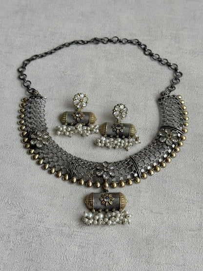 Ayura Designs Taal Necklace Set with Earrings & Tikka – Dual Tone Oxidised Mesh Necklace with Barrel Motifs & Pearl Detailing