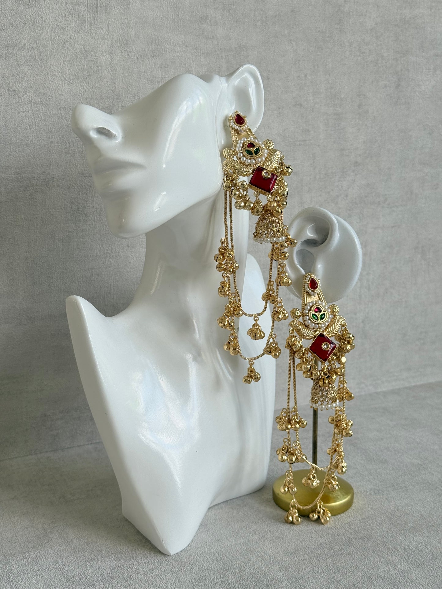 Ayura Designs Simal Earrings – Kashmiri Earrings with Red Stone, Multicoloured Detailing, Layered Ghungroo Chains & Jhumkis