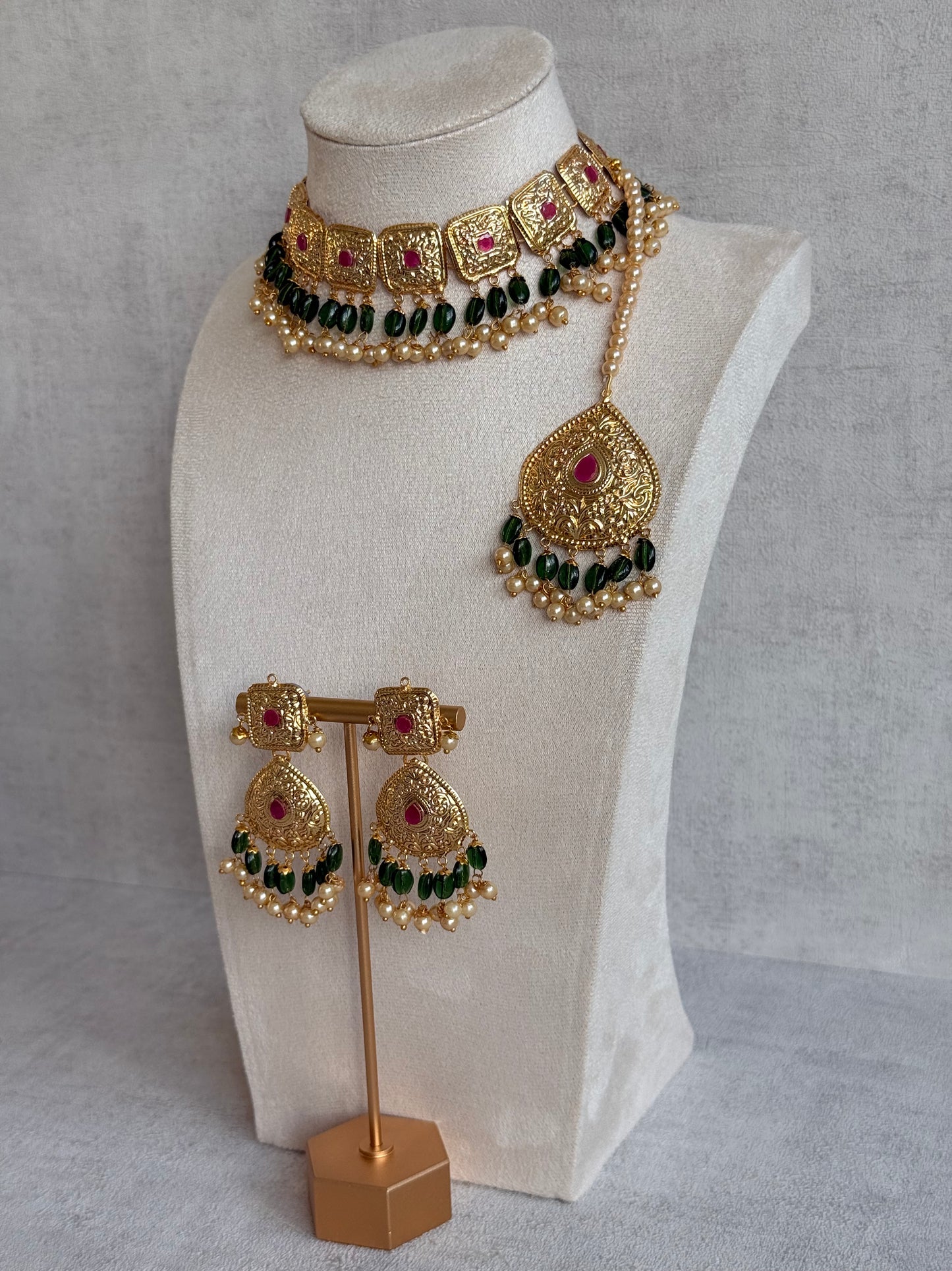 Ayura Designs Chetna Choker Set with Earrings & Tikka – Emerald Green Beads, Cream Pearl Drops with Pipal Patti Detailing