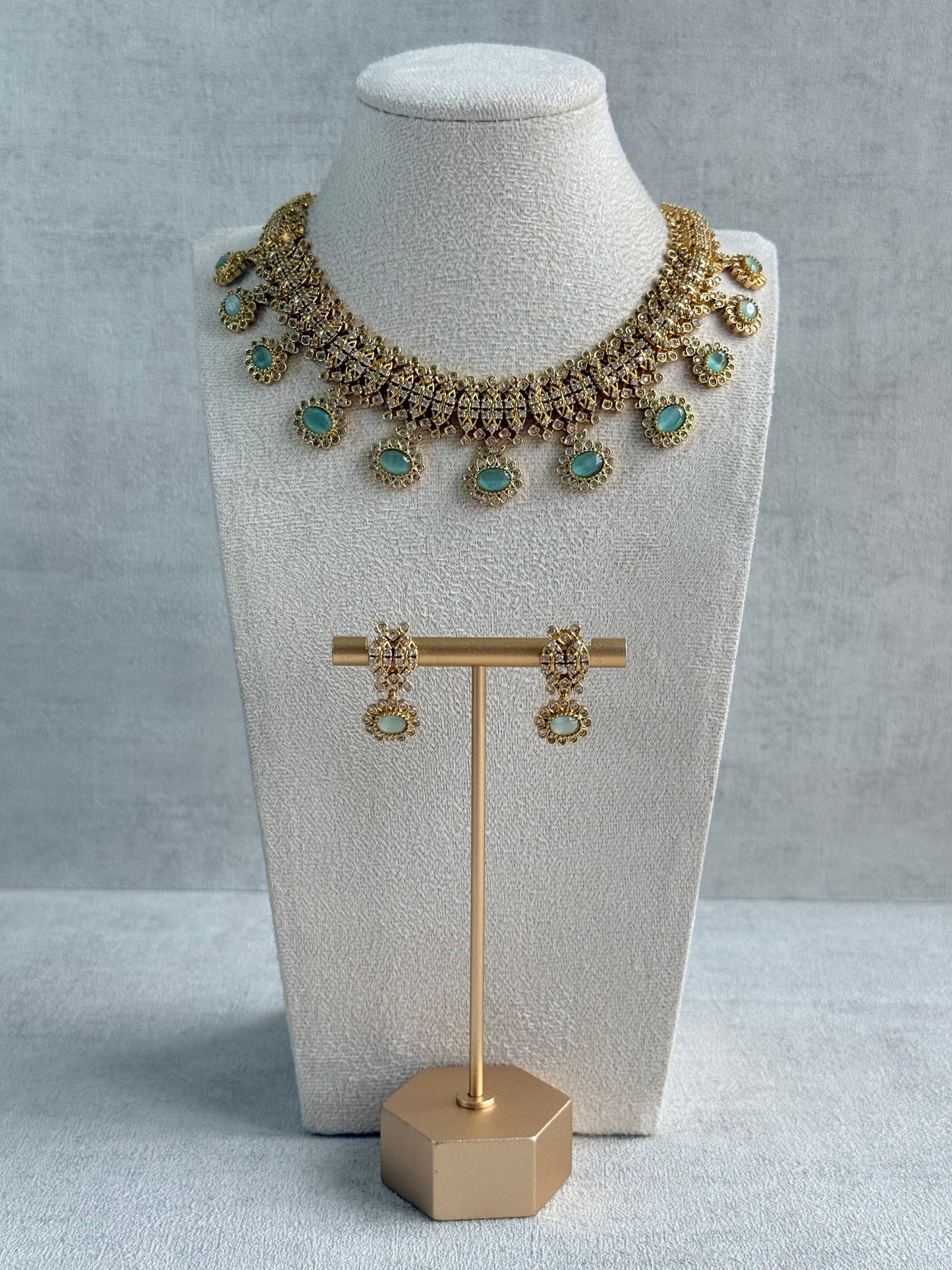Ayura Designs Elisha Necklace Set with Earrings – Mint Green & Crystal Stone Detailing