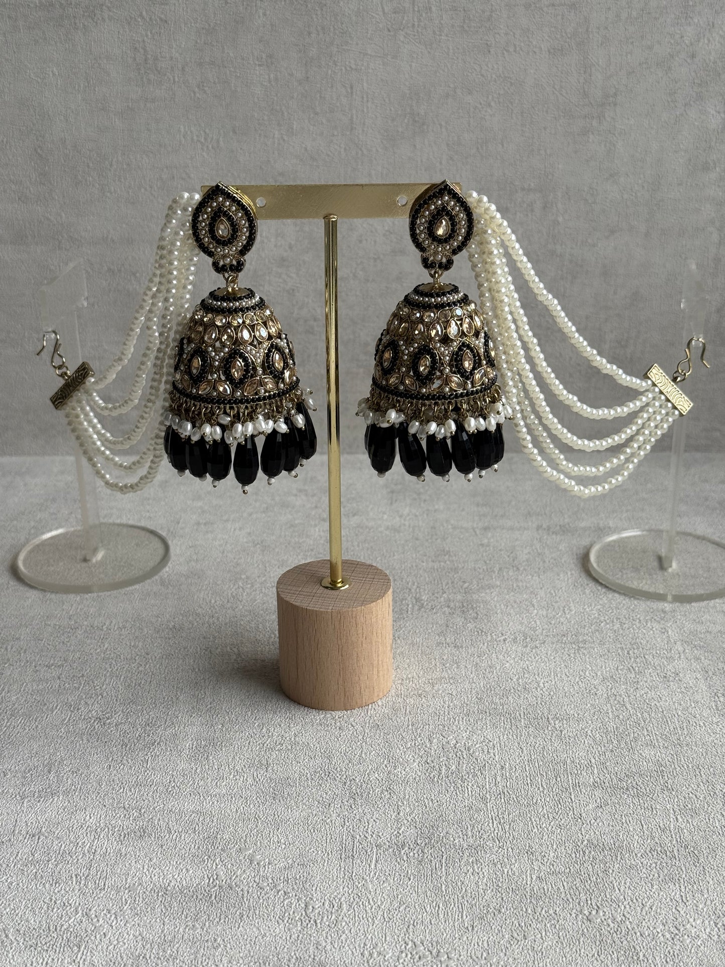 Ayura Designs Amrita Set – Jhumkis with Sahare & Tikka in Black, Pearls and Antique Gold Finish