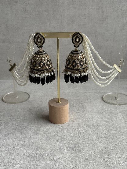 Ayura Designs Amrita Set – Jhumkis with Sahare & Tikka in Black, Pearls and Antique Gold Finish