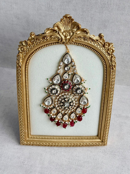 Ayura Designs Suhana Jhoomar Passa – Kundan Jhoomar with Ruby Red Drops, Pearl Detailing & Green Bead Accents