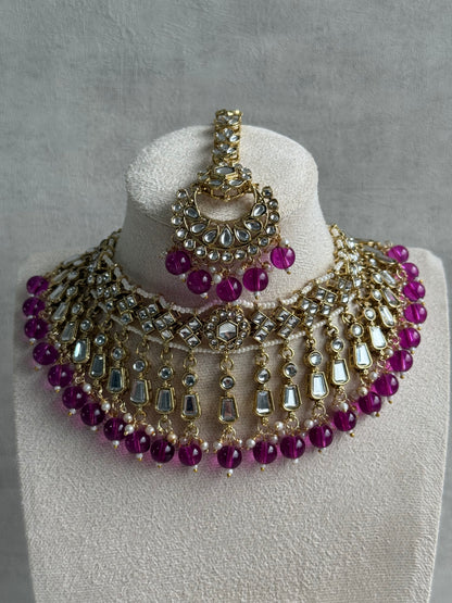 Ayura Designs Shaheen Set with Jhumkis & Tikka – Magenta Beads, Mirror Kundan & Gold Finish