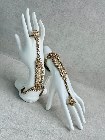 Ayura Designs Rupi Haathphool – Antique Gold with Champagne Stones & Pearl Detailing