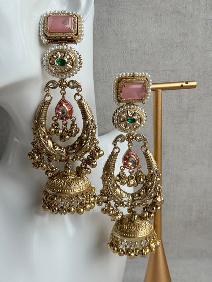 Ayura Designs Zirwa Earrings – Statement Jhumkis with Pink Stones, Green Accents & Pearl Borders & Ghungroos