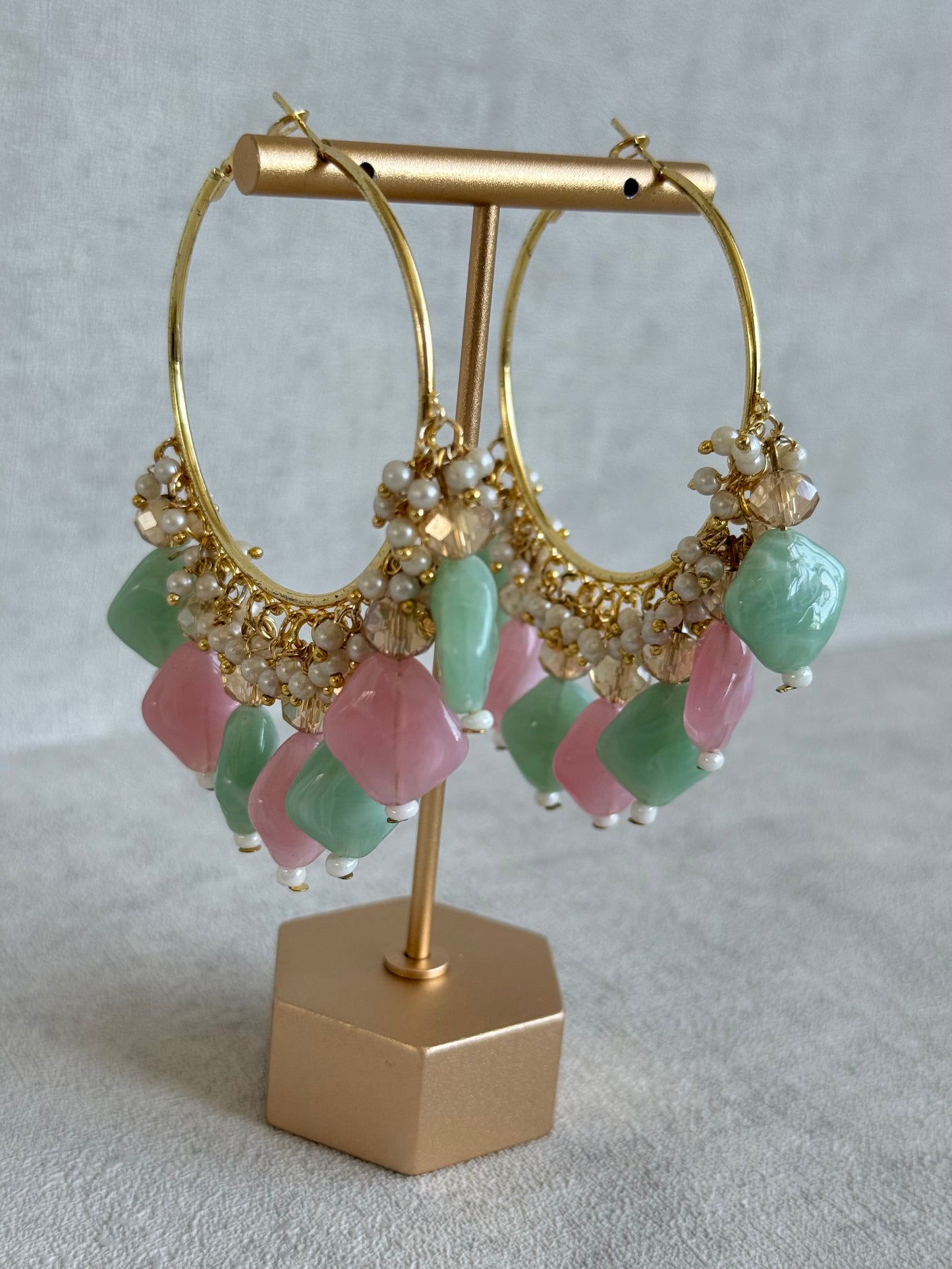 Ayura Designs Heer Balis – Gold Hoops with Mint & Blush Marble Beads, Pearls & Crystal Detailing