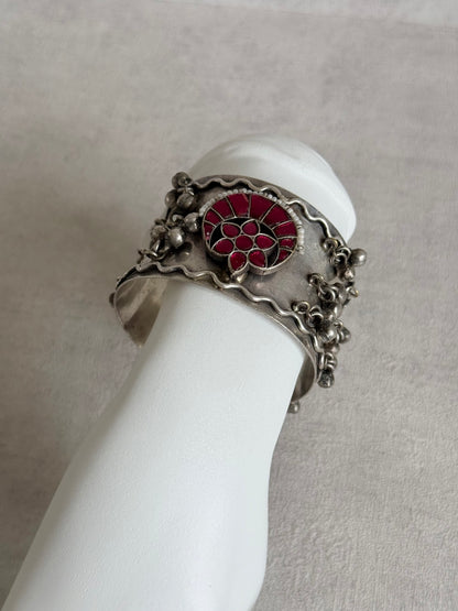 Ayura Designs Ketki Adjustable Cuff Bracelet – Ruby Pink Kundan Floral Motif & Ghungroo Detailing
