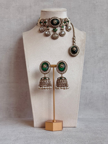Ayura Designs Myra Choker Set with Earrings & Tikka – Emerald Green Kundan & Pearl Detailing