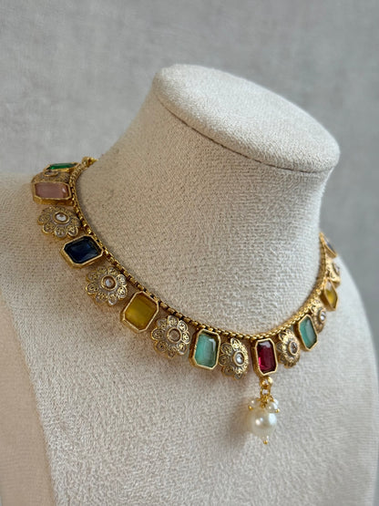 Ayura Designs Padma Necklace Set with Earrings – Multicolour Stones with Pearl Drop Detailing