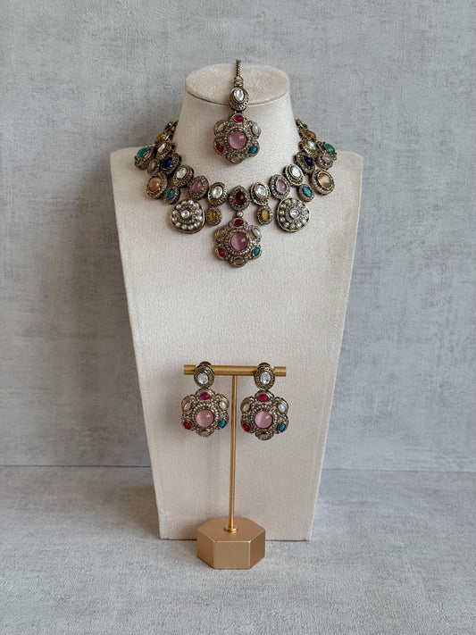Ayura Designs Elvira Necklace Set with Earrings & Tikka – Multicolour Stone Necklace with Pink Centre Stones & Pearl Detailing