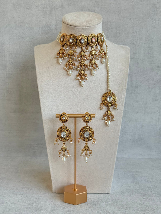 Ayura Designs Mohak Choker Set with Earrings & Tikka – Gold Waterfall Design with Kundan & Pearl Drops