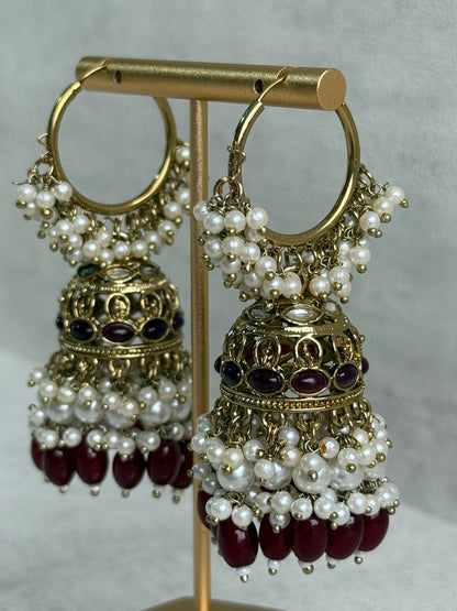 Ayura Designs Jugni Jhumkis – Antique Gold Balis with Maroon Beads & Pearl Clusters