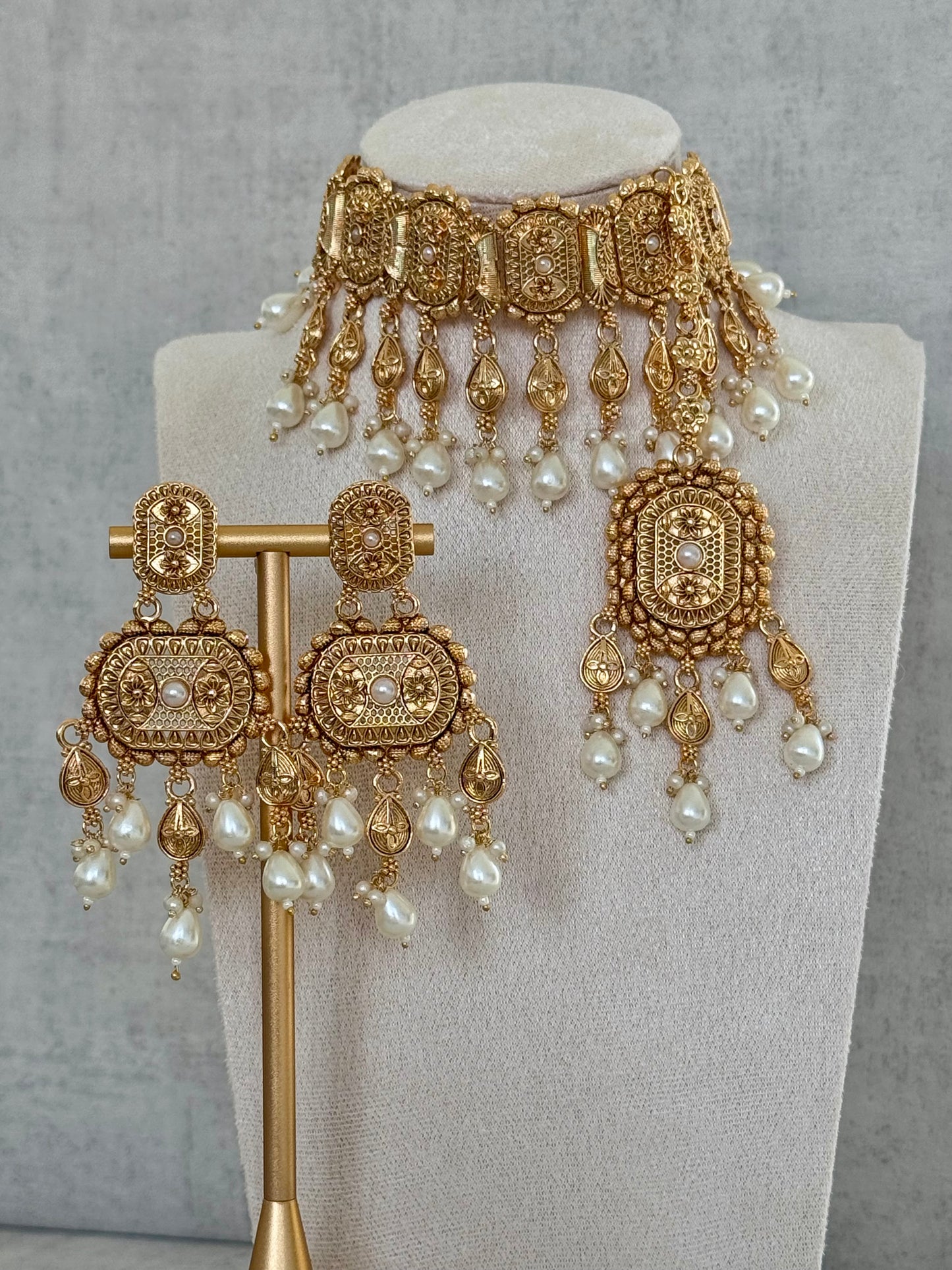 Ayura Designs Elahi Antique Gold-Plated Choker Set with Earrings & Tikka, Adorned with Pearl Drops