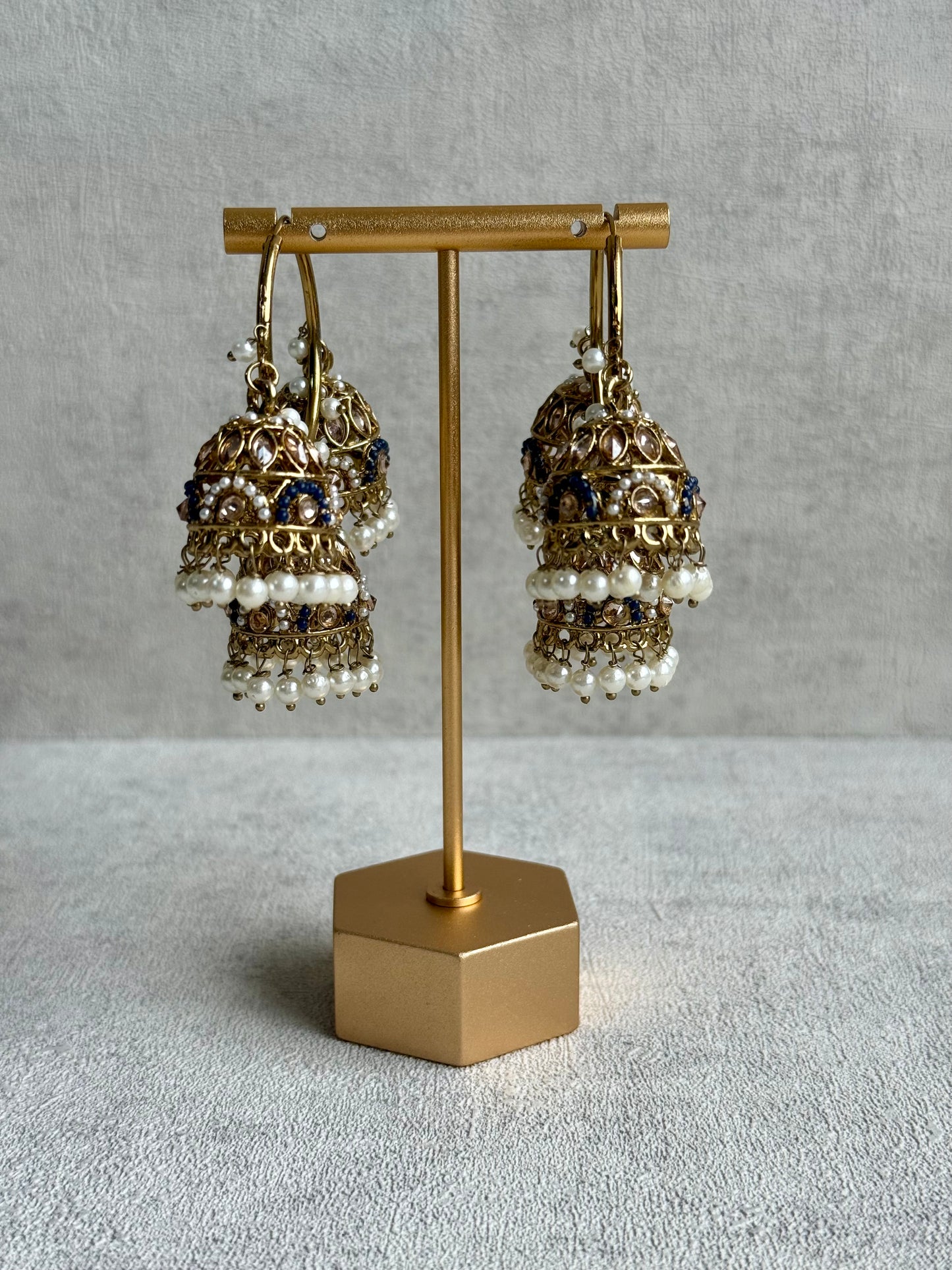 Ayura Designs Nakhra Balis – Blue Triple Dome Earrings with Pearl Clusters & Mirror-Cut Detailing