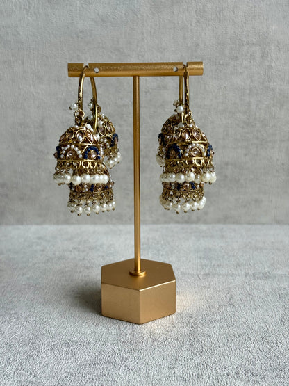 Ayura Designs Nakhra Balis – Blue Triple Dome Earrings with Pearl Clusters & Mirror-Cut Detailing