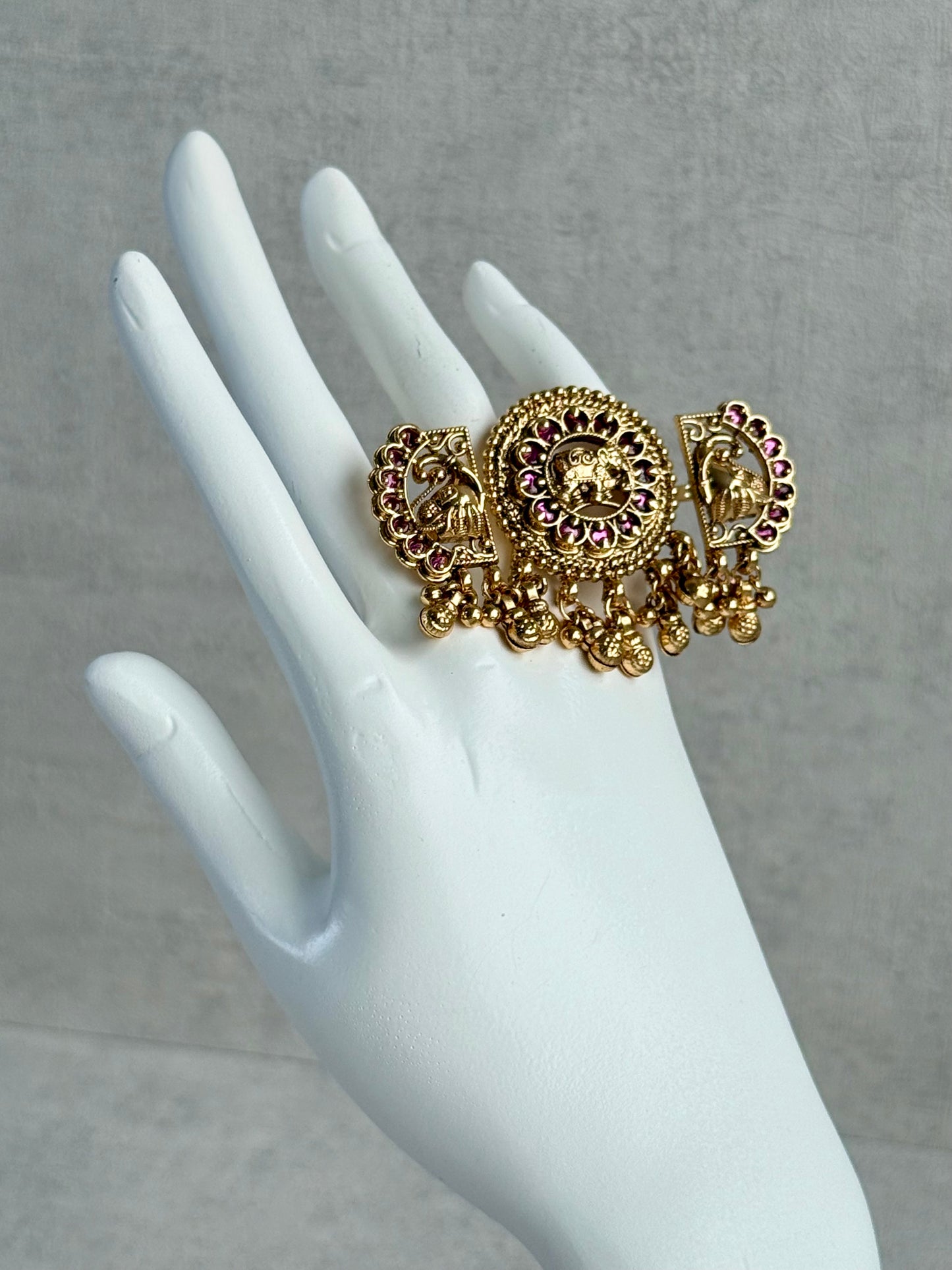 Ayura Designs Nira Adjustable Ring – Jadau-Inspired Elephant Motifs with Rani Pink Stones, Pearl Drops & Ghungroos
