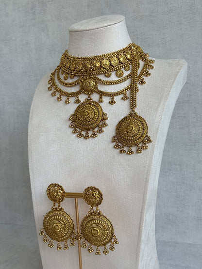 Ayura Designs Subha Choker Set with Earrings & Passa – Antique Gold Engraved Medallions, Layered Chains & Ghungroo Drops