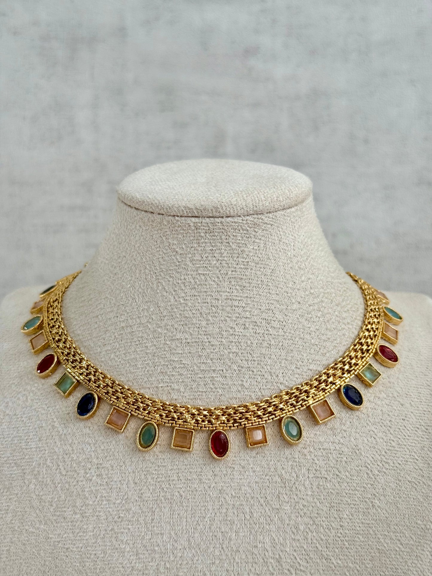 Ayura Designs Bhawani Set with Necklace & Stud Earrings – Multicolour Stone Charms in Antique Gold Finish