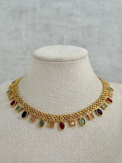 Ayura Designs Bhawani Set with Necklace & Stud Earrings – Multicolour Stone Charms in Antique Gold Finish