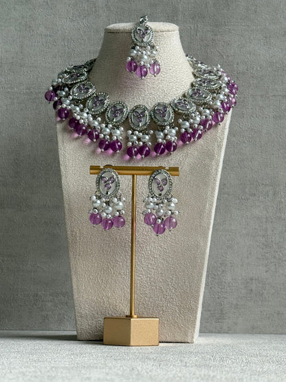 Ayura Designs Linza Set – Necklace, Earrings & Tikka in Lilac & Pearl with Silver Finish