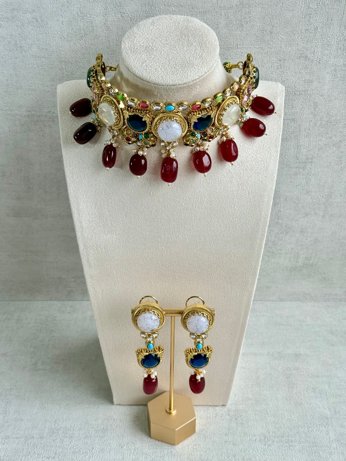 Ayura Designs Dahlia Choker Set with Earrings – Multicolour Stones, Crystal Detailing & Ruby Red Drops