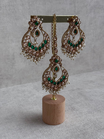Ayura Designs Damini Tikka Set – Mirror-Cut Kundan Earrings & Tikka with Emerald Green Enamel and Pearl Detailing