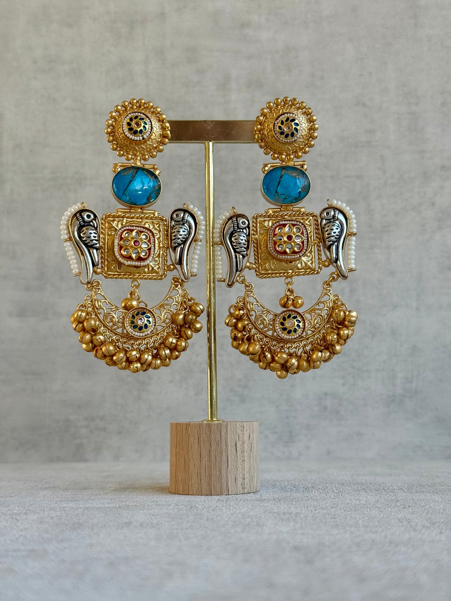 Ayura Designs Soha Earrings – Antique Gold with Turquoise Stone & Oxidised Parrots