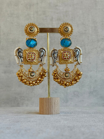 Ayura Designs Soha Earrings – Antique Gold with Turquoise Stone & Oxidised Parrots