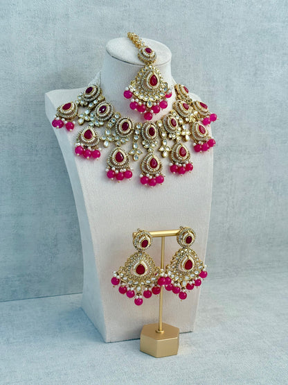 Ayura Designs Janvi Set with Necklace, Earrings & Tikka – Kundan Detailing, Hot Pink Beads & Ivory Pearl Drops