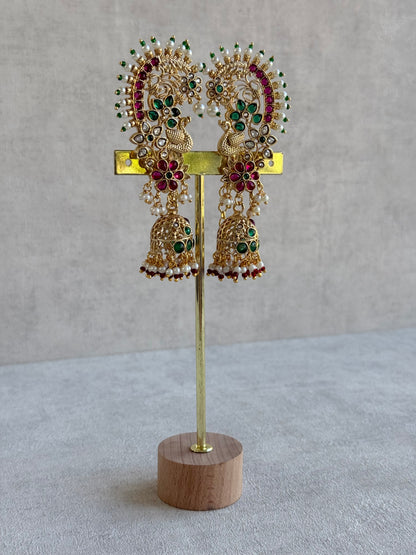Ayura Designs Nitya Kaanphool Jhumkis – Gold Half Ear Cuff Earrings, Peacock Motifs, Pink & Emerald Green Kundan, Pearl Drops & Sahare